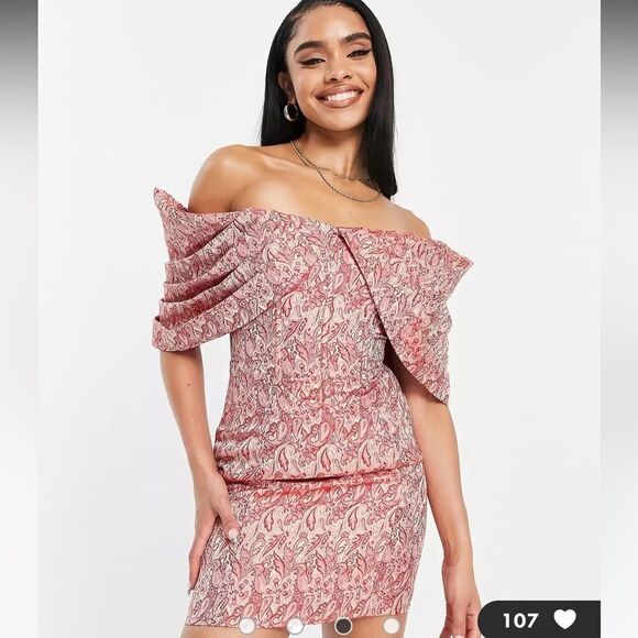 ASOS LUXE  red and gold off shoulder mini  dress size 10 - Picture 2 of 16